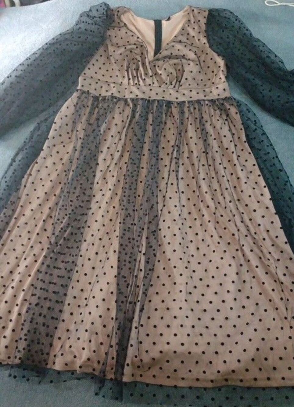 SHEIN CURVE Polka Dot Mesh Overlay Dress Black Tan Long Sleeve Party Event 1XL - Picture 14 of 16